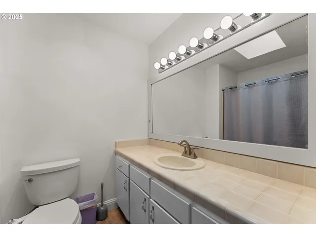 a bathroom with a sink a toilet and mirror