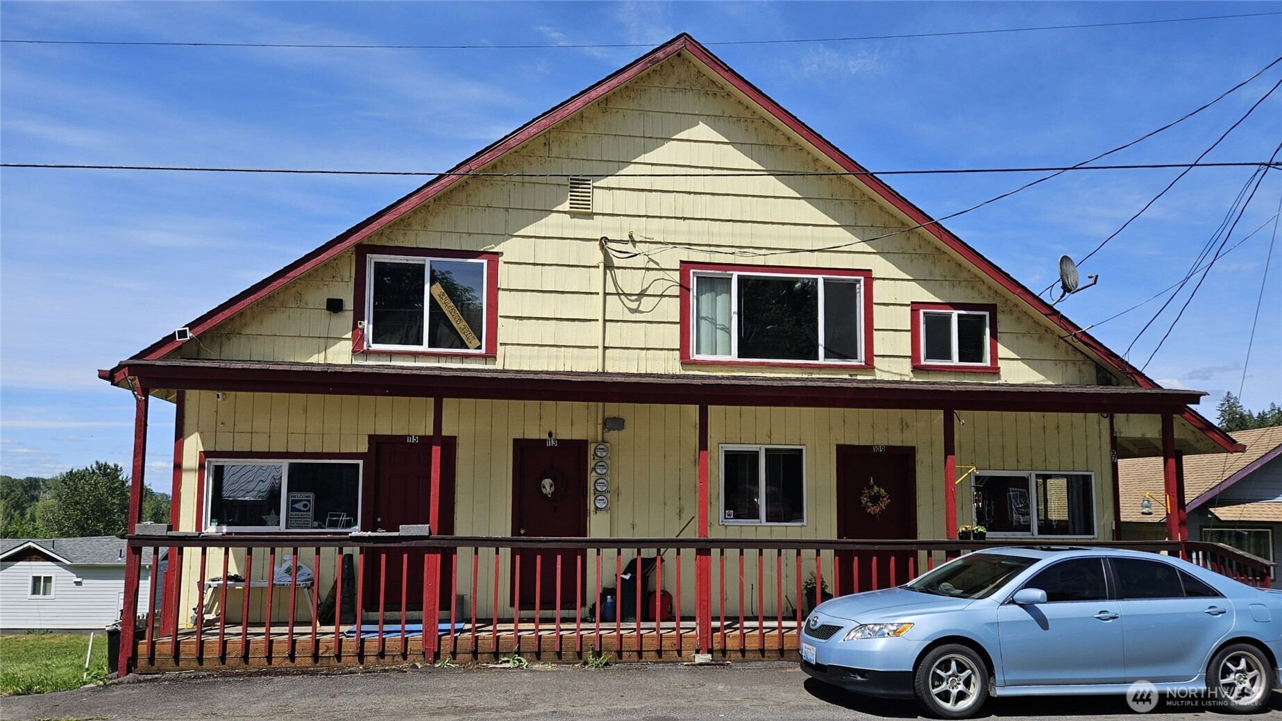 a front view of residential houses