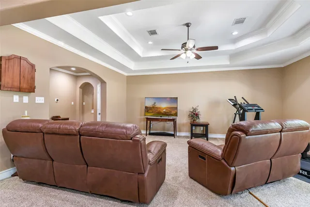 a living room with furniture a ceiling fan and a rug