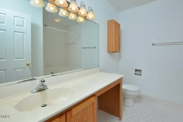 a bathroom with a sink a toilet and mirror