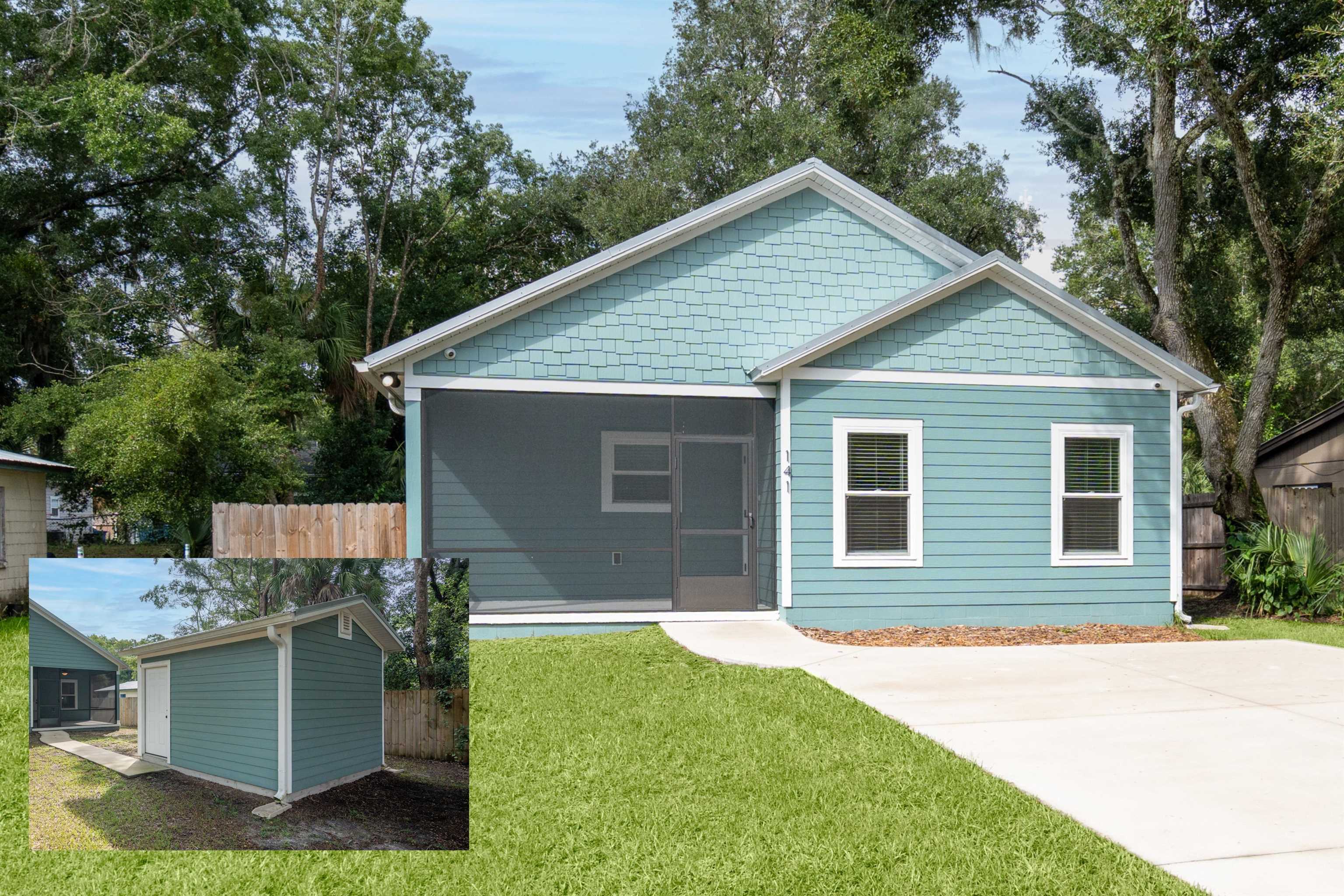 a view of a house with a yard patio and a garden