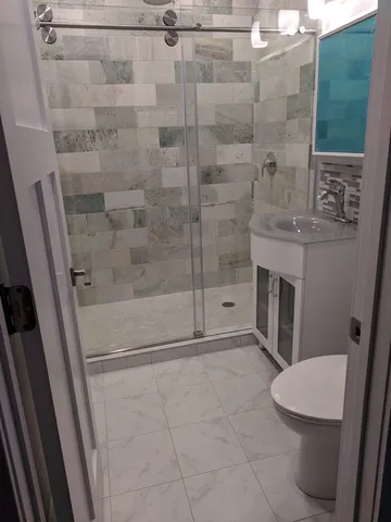 a bathroom with a shower and a toilet