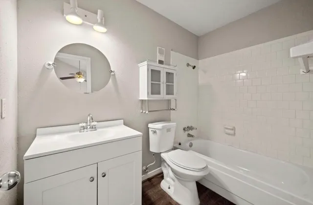 a bathroom with a toilet a sink a mirror and a bathtub