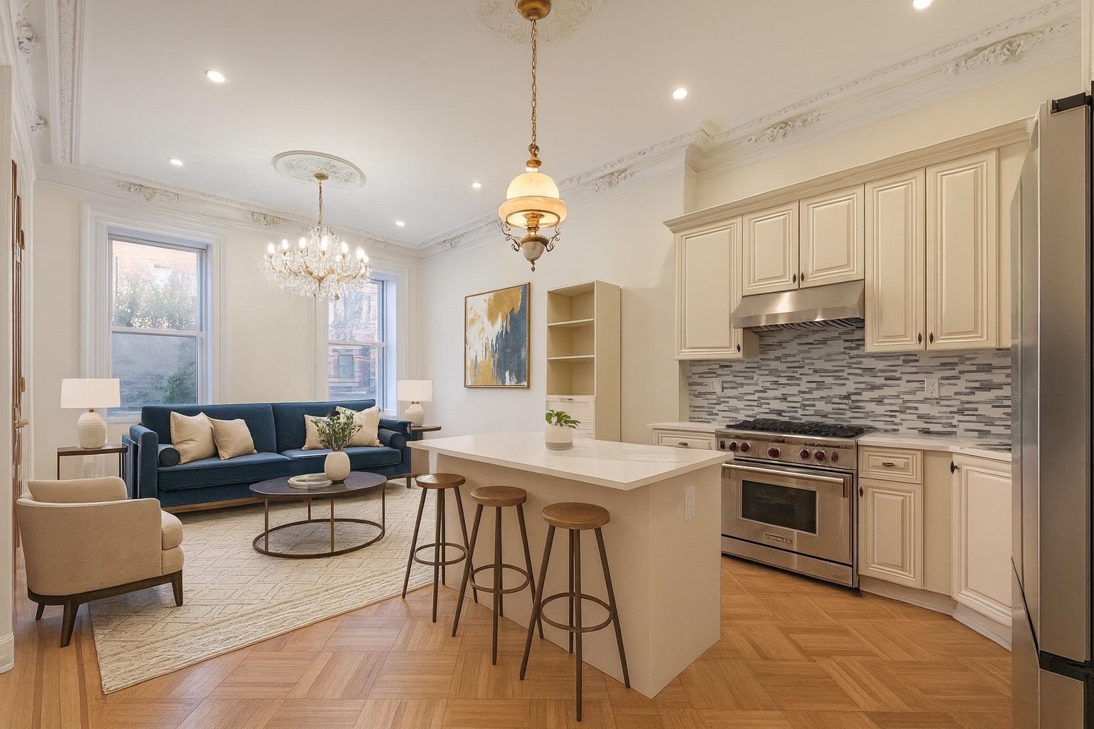 1028 Bloomfield Street, Unit 2 Hoboken, NJ 07030 - Photo 2 of 6 a kitchen with stainless steel appliances granite countertop a stove a sink a refrigerator cabinets and couches