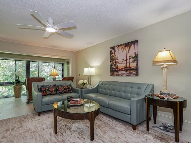 a balcony with furniture and a potted plant
