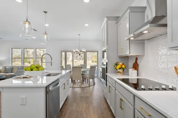 a kitchen that has a lot of cabinets in it and wooden floors
