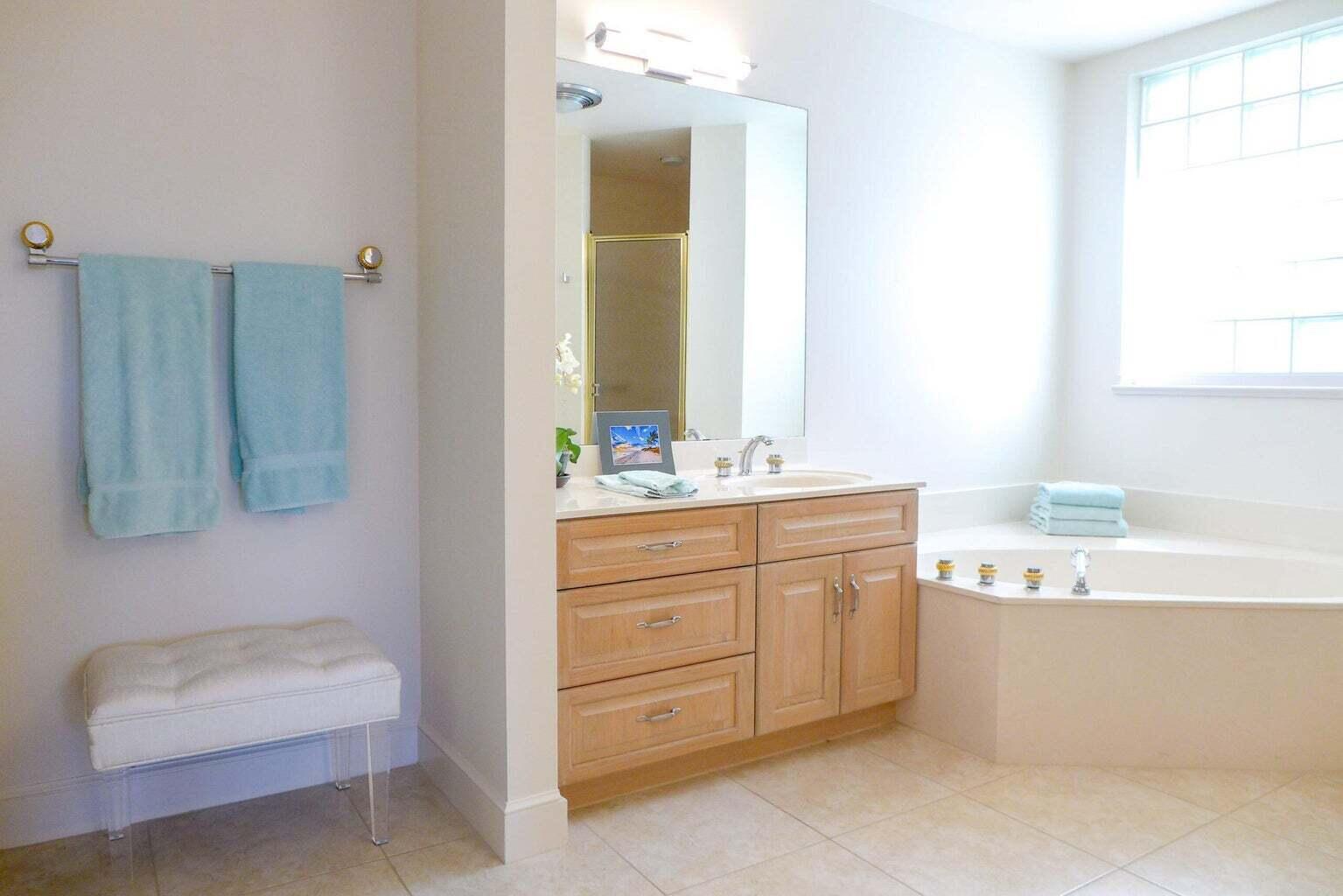 3446 Southern Cay Drive Jupiter, FL 33477 - Photo 8 of 15 a bathroom with a double vanity sink mirror and bathtub