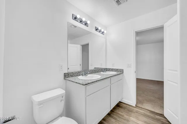 a bathroom with a granite countertop sink a toilet and a mirror