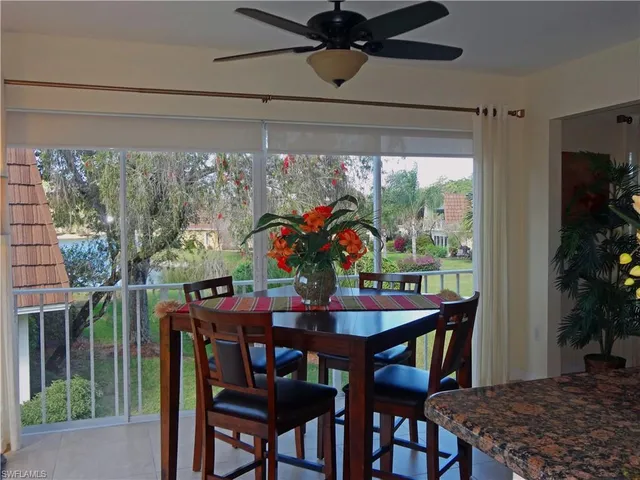 a view of a dining room with furniture window and outside view