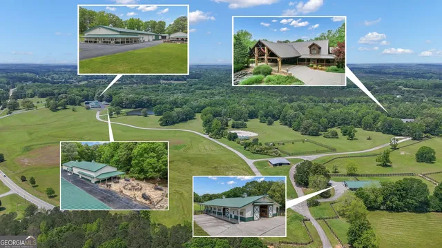 an aerial view of a house with outdoor space tennis court