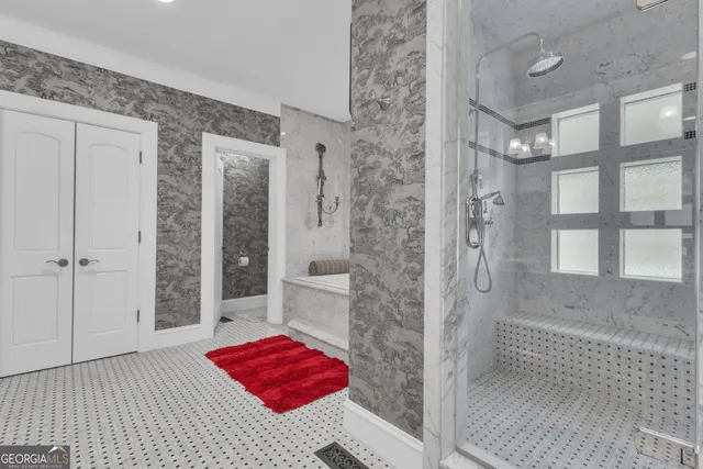 a view of a big yard with swimming pool and green space