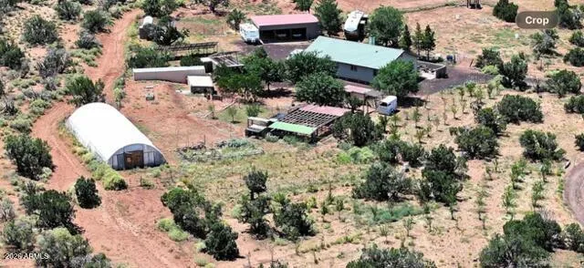 an aerial view of a house with a yard and trees