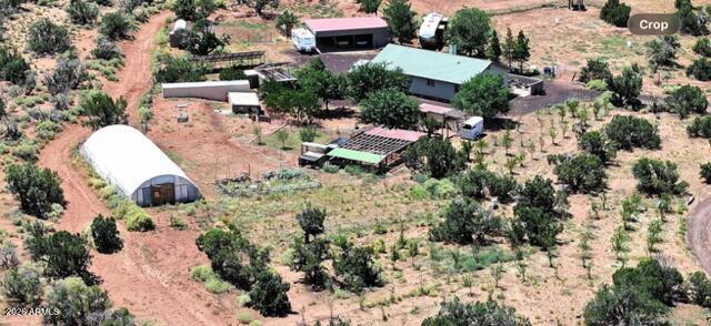 an aerial view of a house with a yard and trees