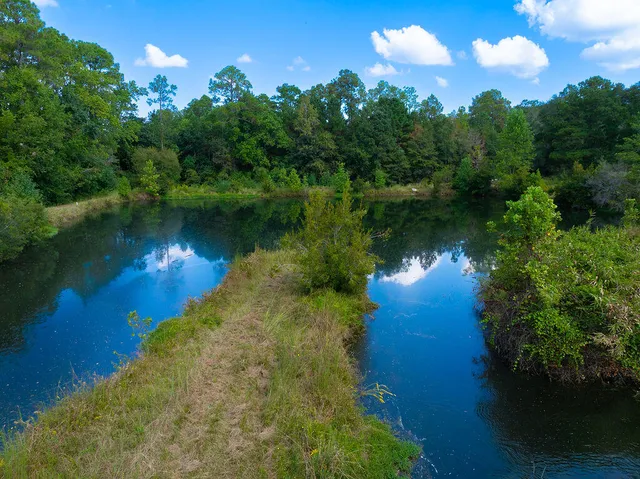 a view of a lake in between two of trees