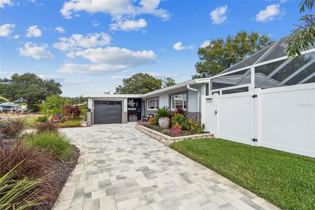 front view of a house with a patio