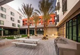 a view of a building with a patio