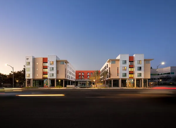 a city view with tall buildings