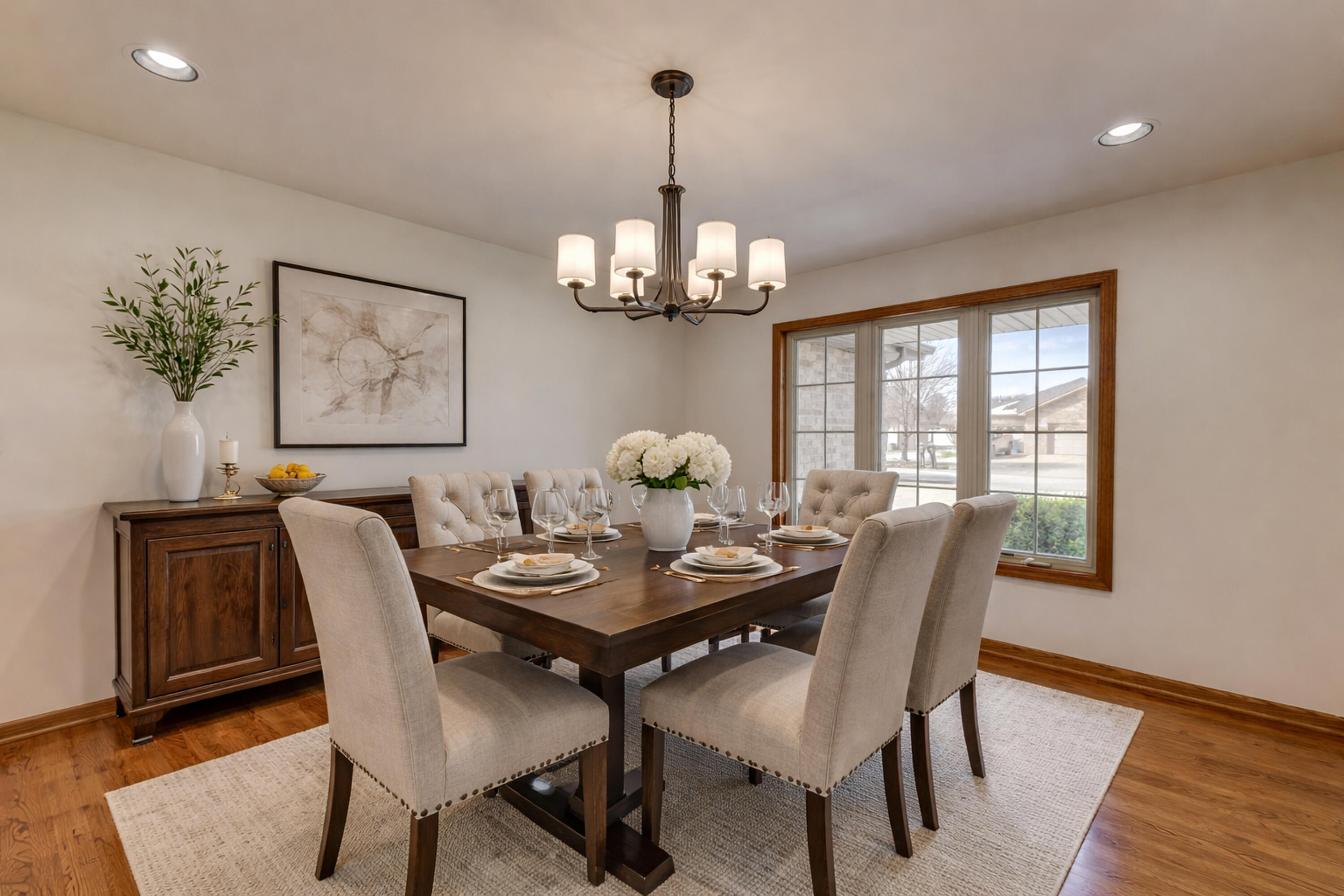 9575 Calumet Street Dyer, IN 46311 - Photo 5 of 53 a dining room with wooden floor a chandelier a wooden table and chairs