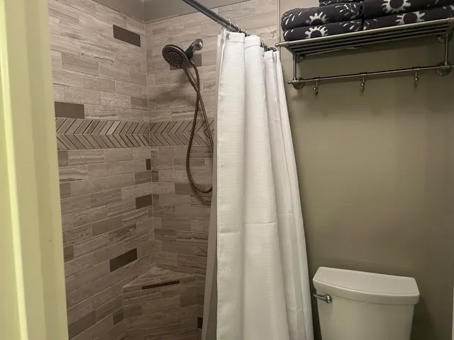 a bathroom with a shower toilet and sink