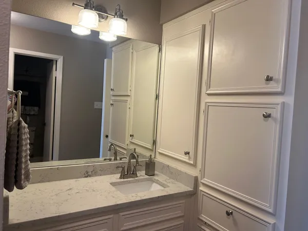 a bathroom with a sink and a mirror