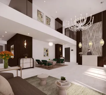 a lobby with furniture and a potted plant