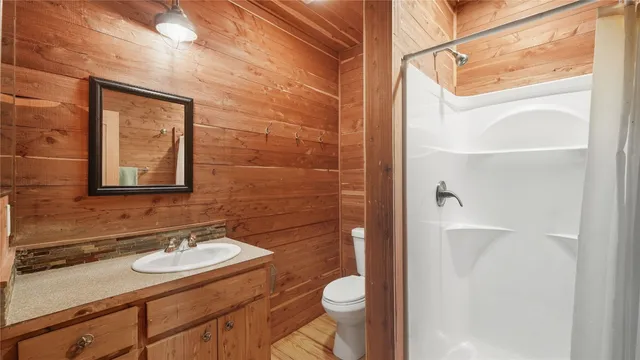 a bathroom with a sink a toilet and shower curtain