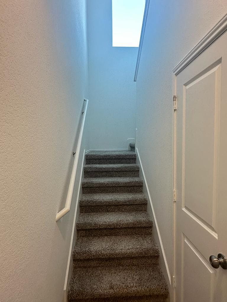 160 River Rise Road Kyle, TX 78640 - Photo 18 of 35 Carpeted staircase featuring a wall-mounted handrail, a paneled interior door with a doorknob, and a skylight at the upper landing
