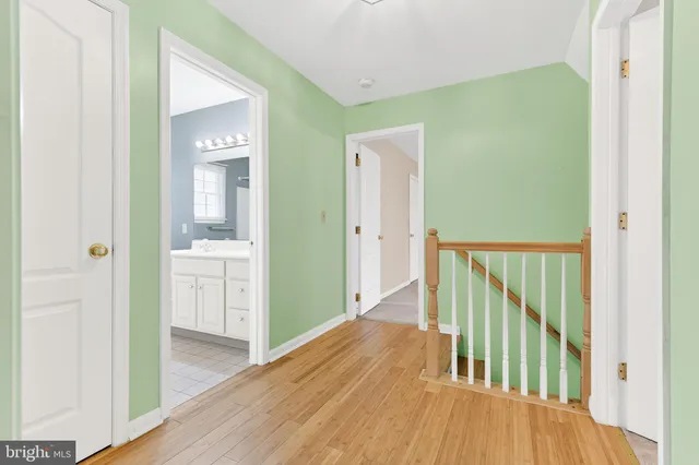 a view of hallway with wooden floor