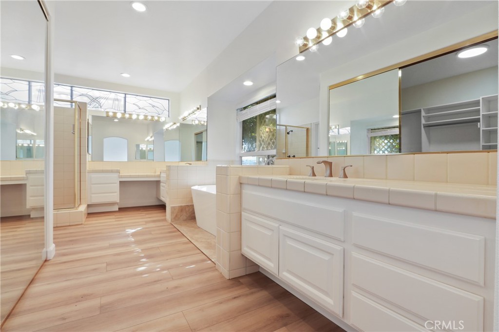34152 Cambridge Road Dana Point, CA 92629 - Photo 18 of 25 a bathroom with a double vanity sink a toilet a mirror and shower