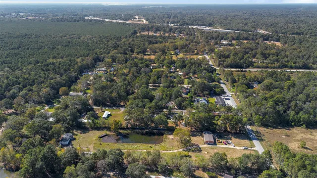 an aerial view of residential houses with outdoor space and trees