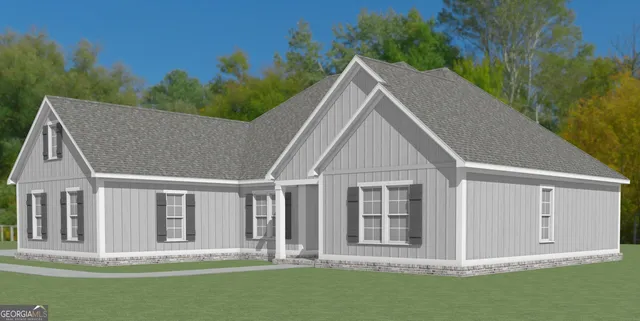 a backyard of a house with lawn chairs plants and large tree