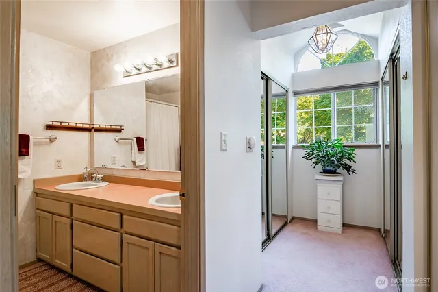 a bathroom with a sink a mirror and a shower