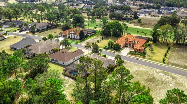 an aerial view of residential houses with outdoor space and trees