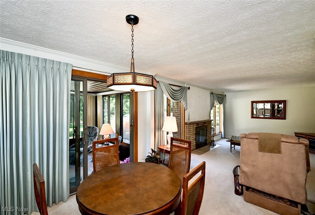 5653 Dailey Road New Franklin, OH 44319 - Photo 20 of 24 Dining room with a textured ceiling, light colored carpet, and a fireplace