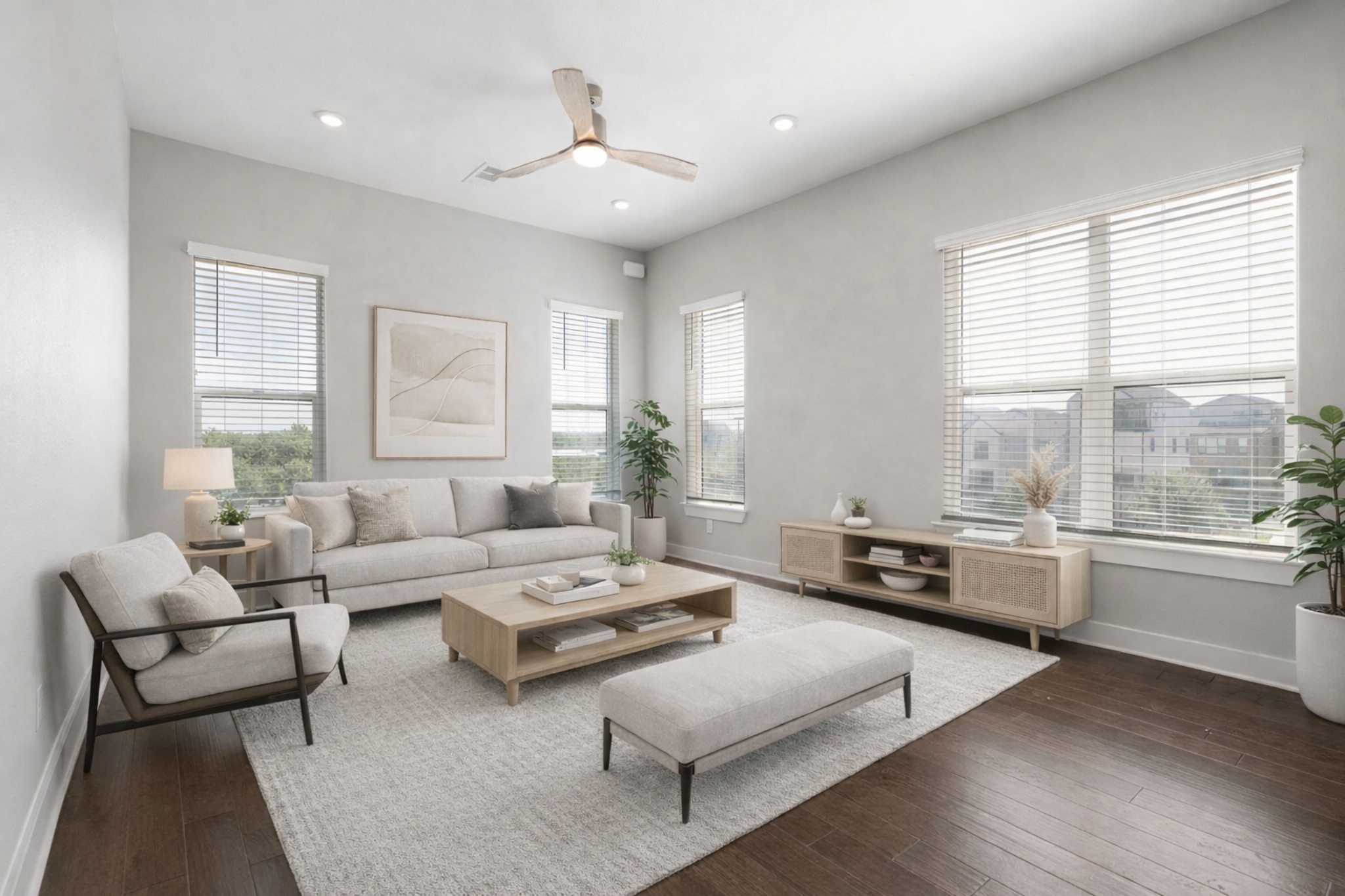 Virtual staging. Living room with dark wood-type flooring, ceiling fan, and recessed lighting