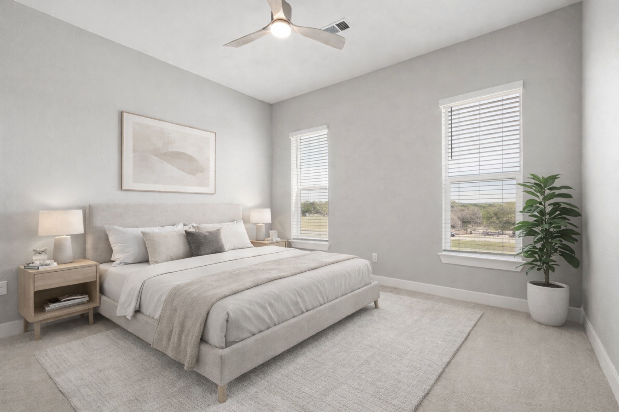 4501 Jackson Avenue, Unit 5205 Austin, TX 78731 - Photo 11 of 40 Virtual Staging. Bedroom with light carpet and ceiling fan