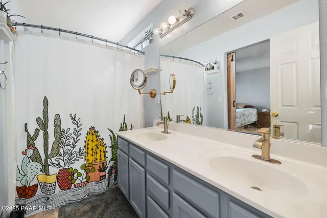 a bathroom with a sink mirror and vanity