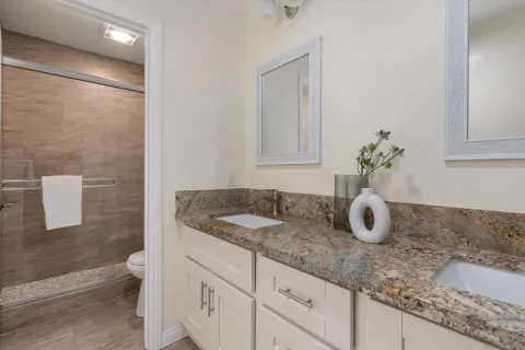 a bathroom with a granite countertop sink and a mirror