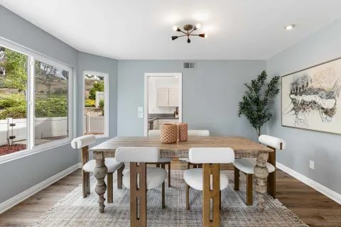 a view of a dining room with furniture window and outside view