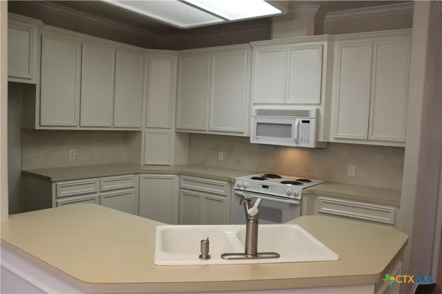 a kitchen with a sink and cabinets