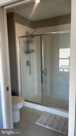 a bathroom with a shower and a toilet