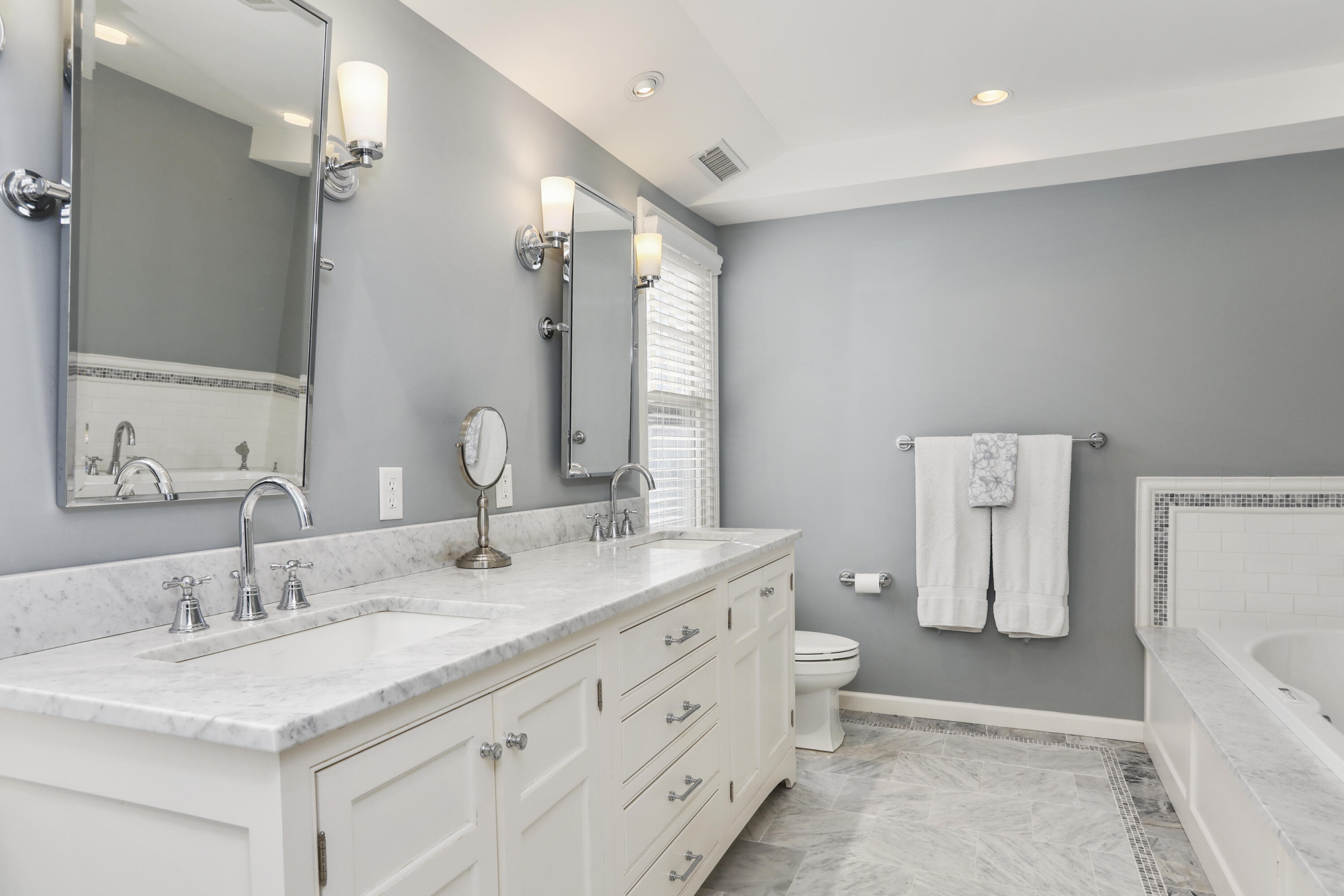 38 Intervale Road Darien, CT 06820 - Photo 16 of 30 a bathroom with a granite countertop sink mirror vanity and toilet