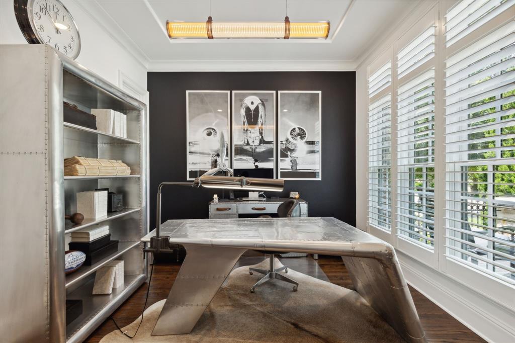 12444 Riverhill Road Frisco, TX 75033 - Photo 12 of 37 Office area with French doors, hardwood floors, plantation shutters, a large closet and crown molding and designer lighting.
