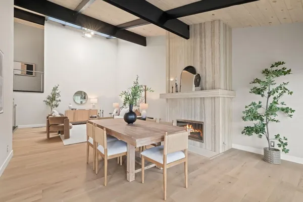 a view of a dining room with furniture and a potted plant