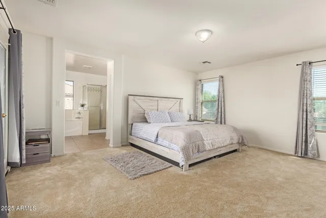 a bedroom with a bed and a view of bathroom