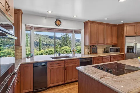 a kitchen with a stove a sink and a refrigerator