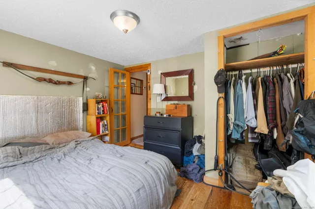 a bed room with a bed and a closet