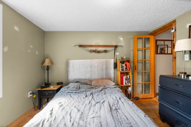 a bedroom with a bed and a closet