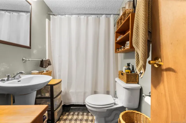 a bathroom with a sink toilet and shower