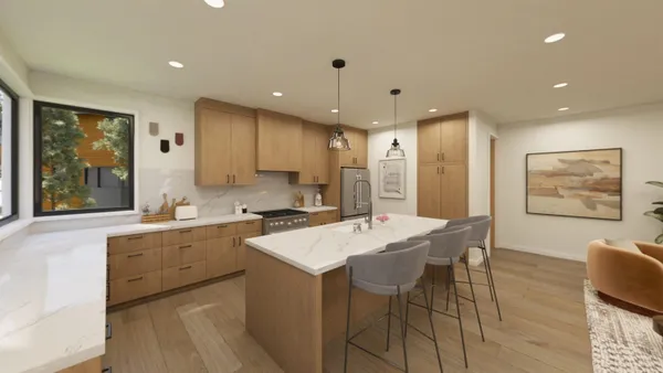 a kitchen with stainless steel appliances granite countertop a stove a sink a refrigerator with a dining table and chairs